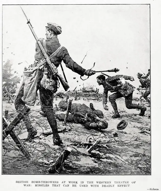 British bomb-throwers at work in the western theatre of war: missiles that can be used with deadly effect