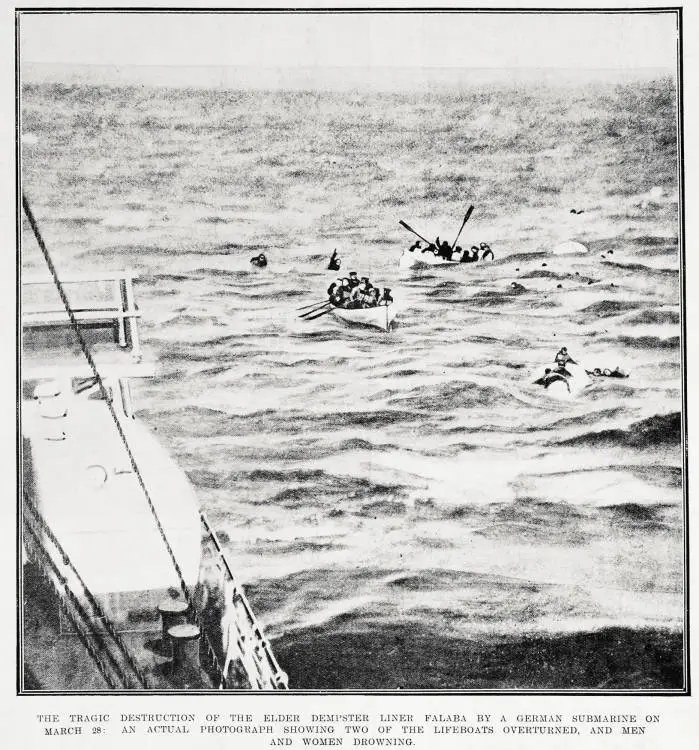 The tragic destruction of the Elder Dempster liner Falaba by a German submarine on March 18: an actual photograph showing two of the life boats overturned, and men and women drowning