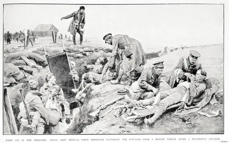 First aid in the trenches: Royal Army Medical Corps orderlies gathering the wounded from a British trench after a successful advance