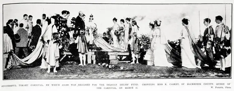 Successful Timaru Carnival, by which £10,000 was realised for the Belgian Relief Fund: crowning Miss K. Caskey, of Mackenzie County, Queen of the Carnival, on March 11