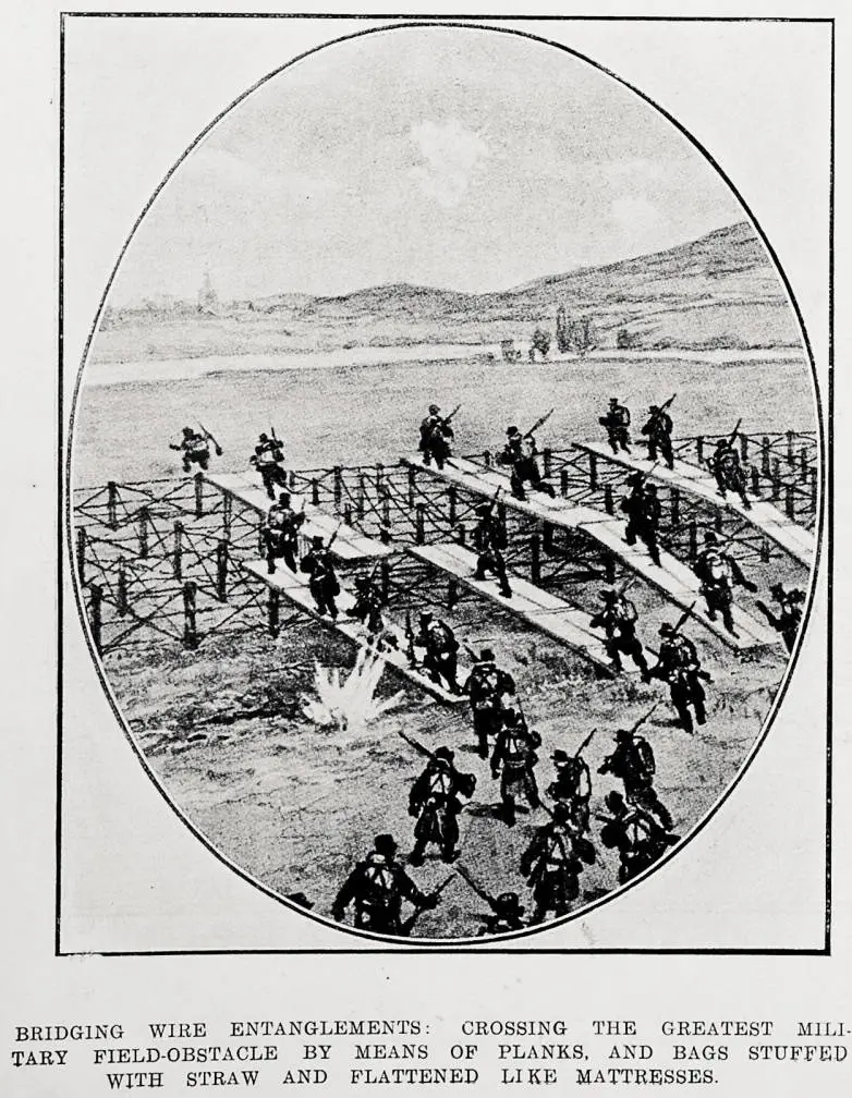 Bridging wire entanglements: crossing the greatest military field-obstacle by means of planks, and bags stuffed with straw and flattened like mattresses
