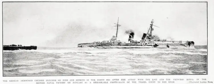 The German armoured cruiser Blucher on fire and sinking in the North Sea after her action with the Lion and the Princess Royal in the British naval victory on January 24