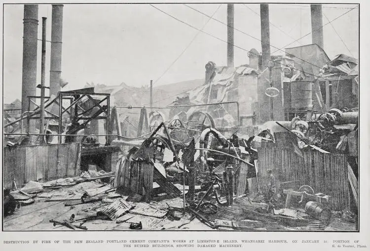 Destruction by fire of the New Zealand Portland Cement company's works at Limestone Island, Whangarei Harbour, on January 14: portion of the ruined buildings, showing damaged machinery