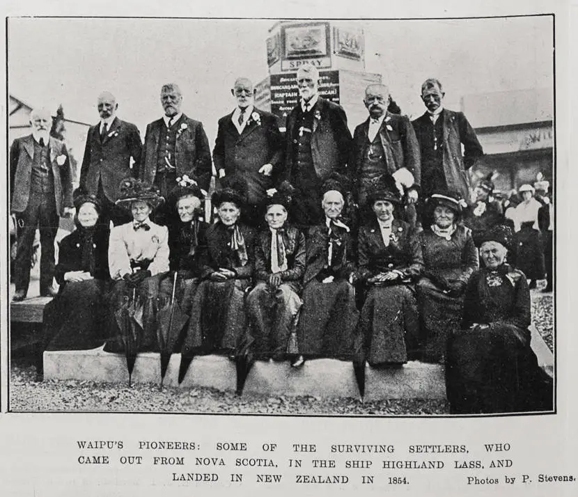 Waipu's pioneers: some of the surviving settlers, who came out from Nova Scotia, in the shop Highland Lass, and landed in New Zealand in 1854