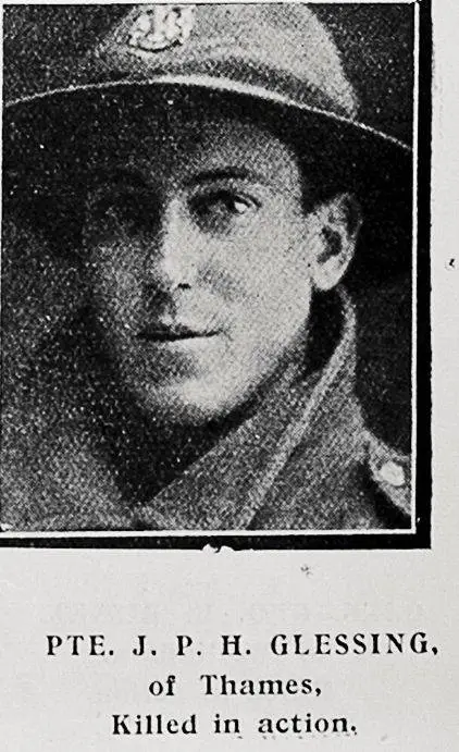 Pte J P H Glessing of Thames, killed in action