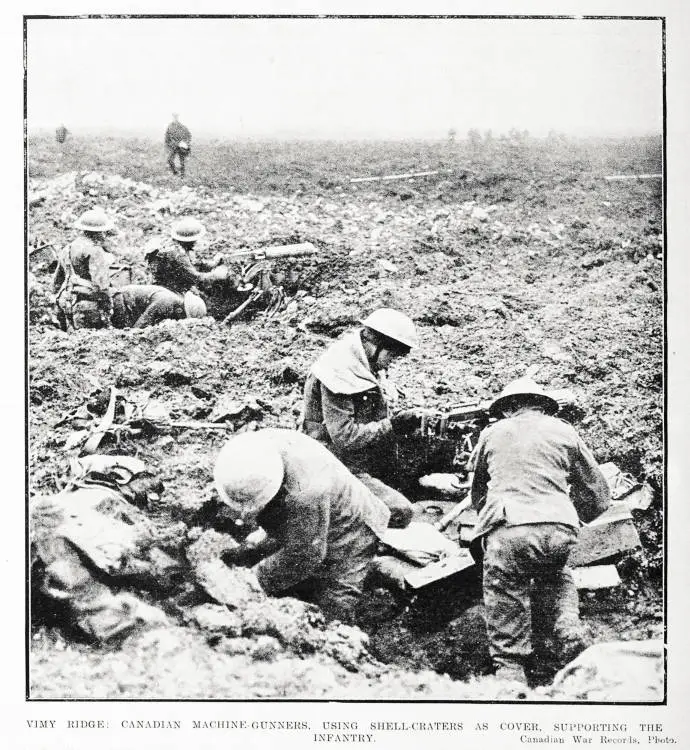 Vimy Ridge: Canadian machine-gunners, using shell-craters as cover, supporting the infantry