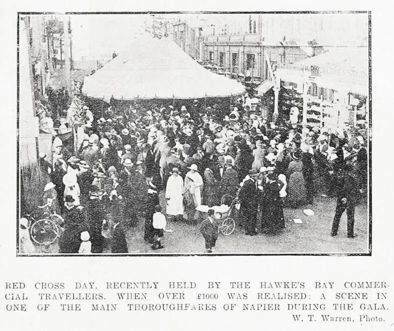 Red Cross Day recently held by the Hawke's Bay commercial travellers, when over £1000 was realised. A scene in one of the main thoroughfares of Napier during the gala