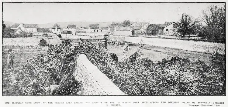 The zeppelin shot down by the French last March: the remains of the L39 where they fell across the dividing walls of suburban gardens in France