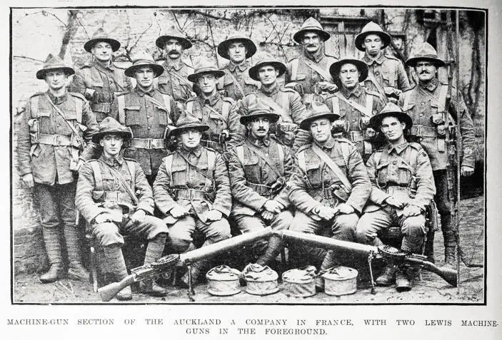 Machine-gun section of the Auckland A Company in France, with two Lewis machine-guns in the foreground