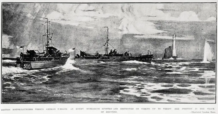 British motor-launches versus German U-boats: an enemy submarine spotted and destroyed on coming up to verify her position in the track of shipping