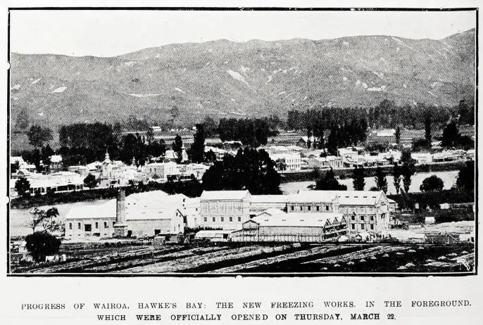 Progress of Wairoa, Hawke's Bay: the new freezing works, in the foreground, which were officially opened on Thursday, March 22