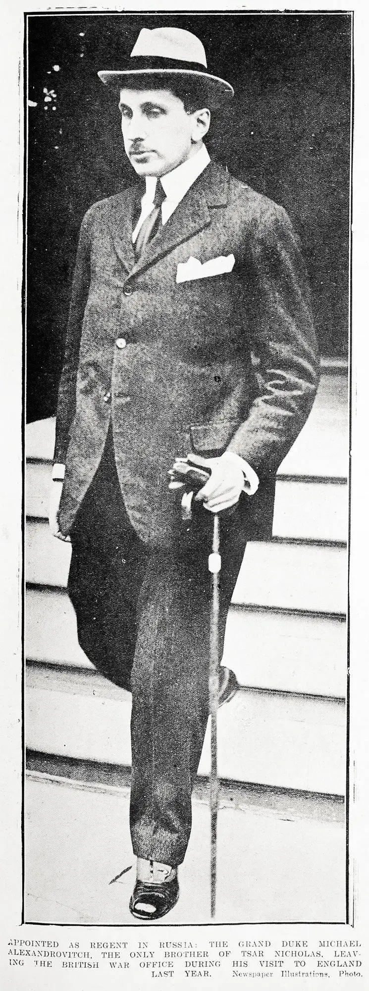 Appointed as Regent in Russia: the Grand Duke Michael Alexandrovitch, the only brother of Tsar Nicholas, leaving the British War Office during his visit to England last year
