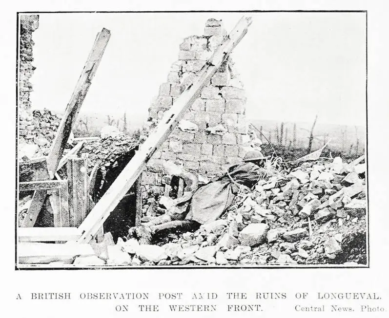A British observation post amid the ruins of Longueval, on the Western Front during World War I.