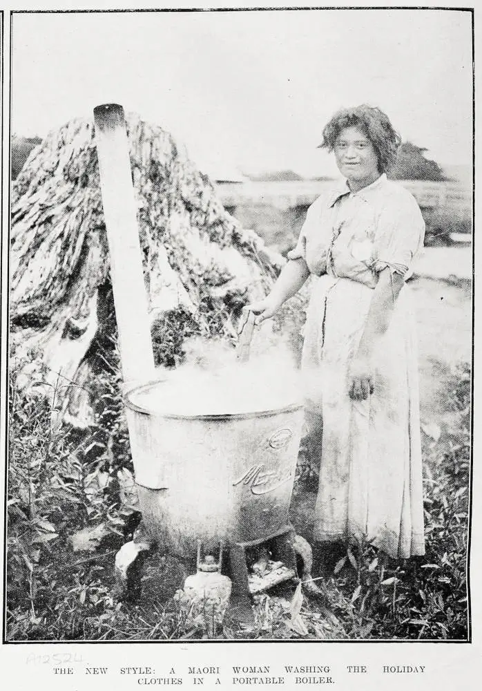 The new style: a Māori woman washing the holiday clothes in a portable boiler