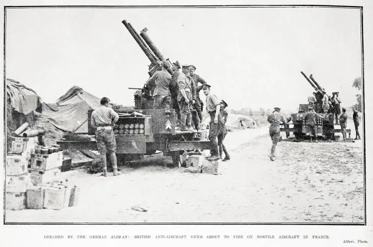 Dreaded by the German airman: British anti-aircraft guns about to fire on hostile aircraft in France