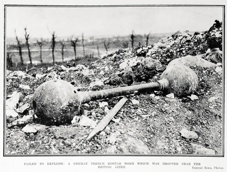 Failed to explode: a German trench mortar bomb which was dropped near the British lines