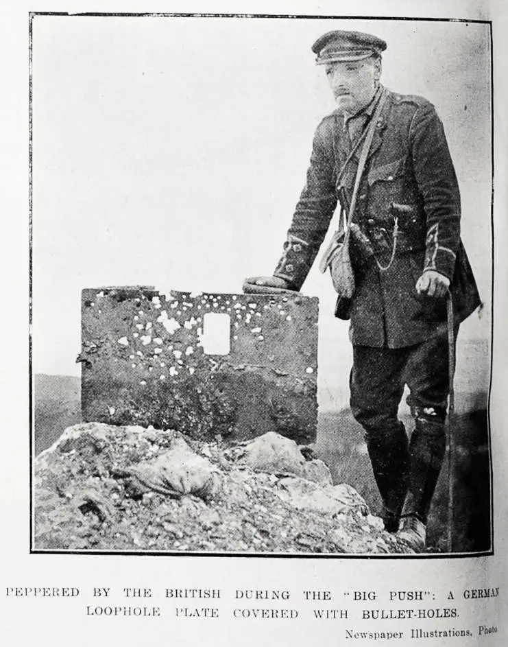 Peppered by the British during the 'big push': a German loophole plate covered with bullet-holes