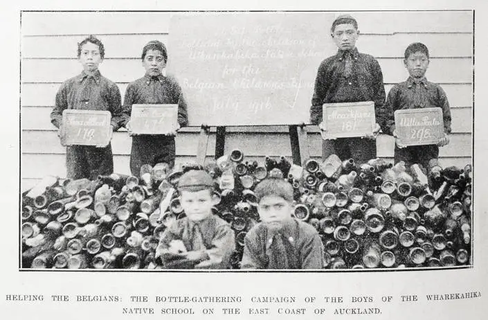 Helping the Belgians: the bottle-gathering campaign of the boys of the Wharekahika Native School on the east coast of Auckland