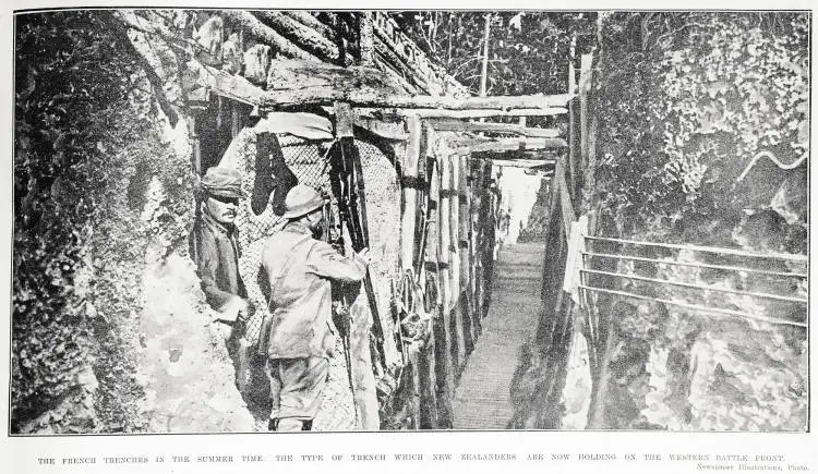 The French trenches in the summer time: the type of trench which New Zealanders are now holding on the western battle front
