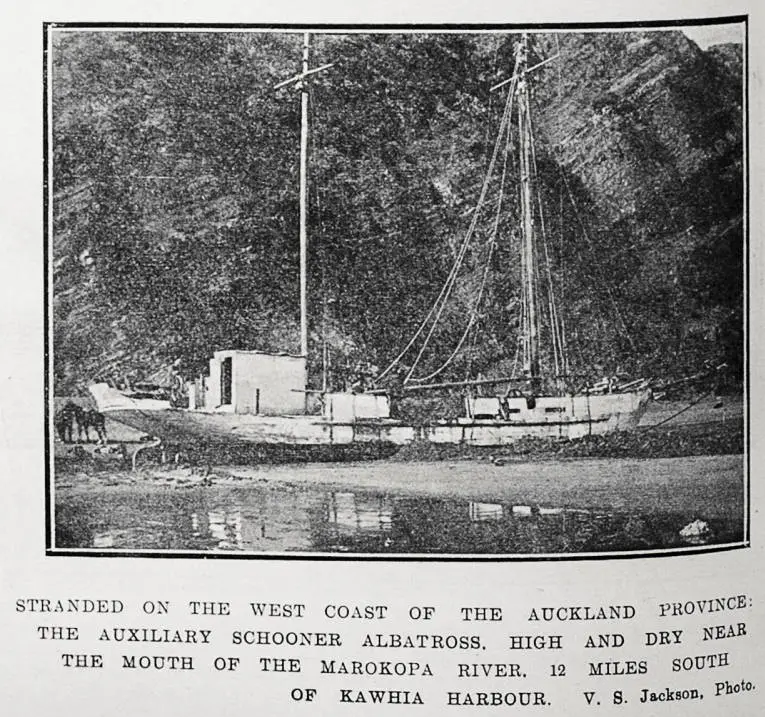 The auxiliary schooner Albatross, high and dry near the mouth of the Marokopa River
