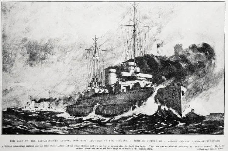 The loss of the battle-cruiser Lutzow, 28.000 tons, admitted by the Germans: a striking picture of a modern German dreadnought-cruiser