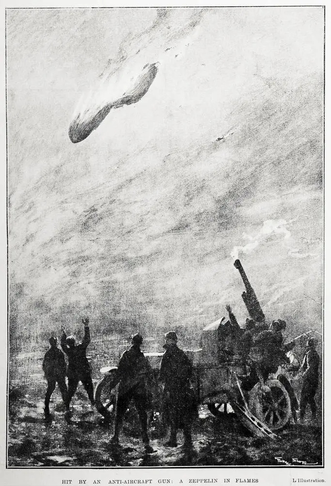 Hit by an anti-aircraft gun: a zeppelin in flames