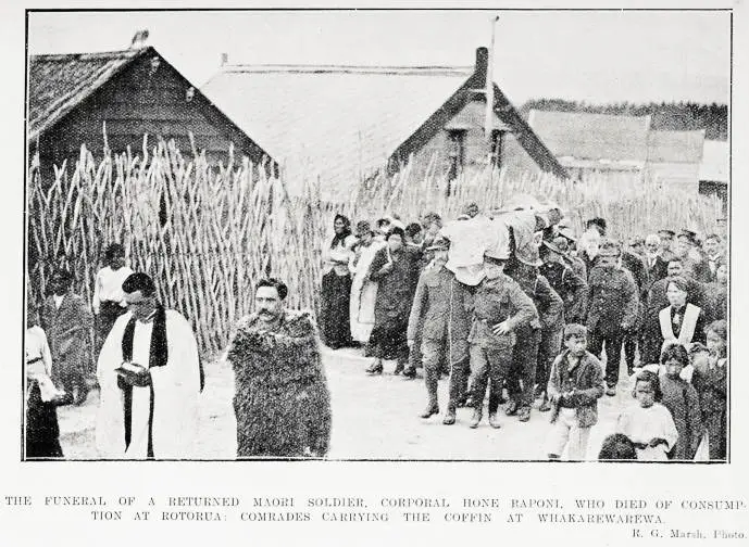 The funeral of a returned Māori soldier, Corporal Hone Raponi, who died of consumption at Rotorua: comrades carrying the coffin at Whakarewarewa