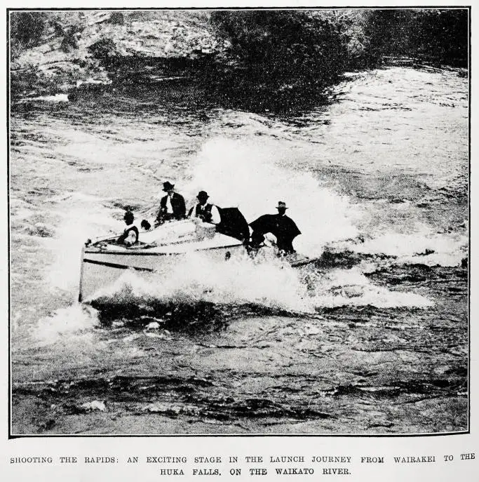 Shooting the rapids: an exciting stage in the launch journey from Wairakei to the Huka falls, on the Waikato river