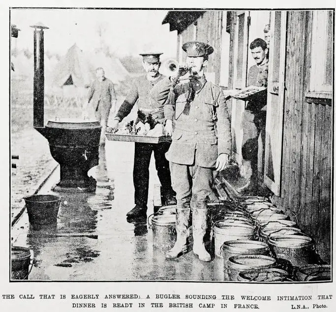 The call that is eagerly answered: a bugler sounding the welcome intimation that dinner is ready in the British camp in France