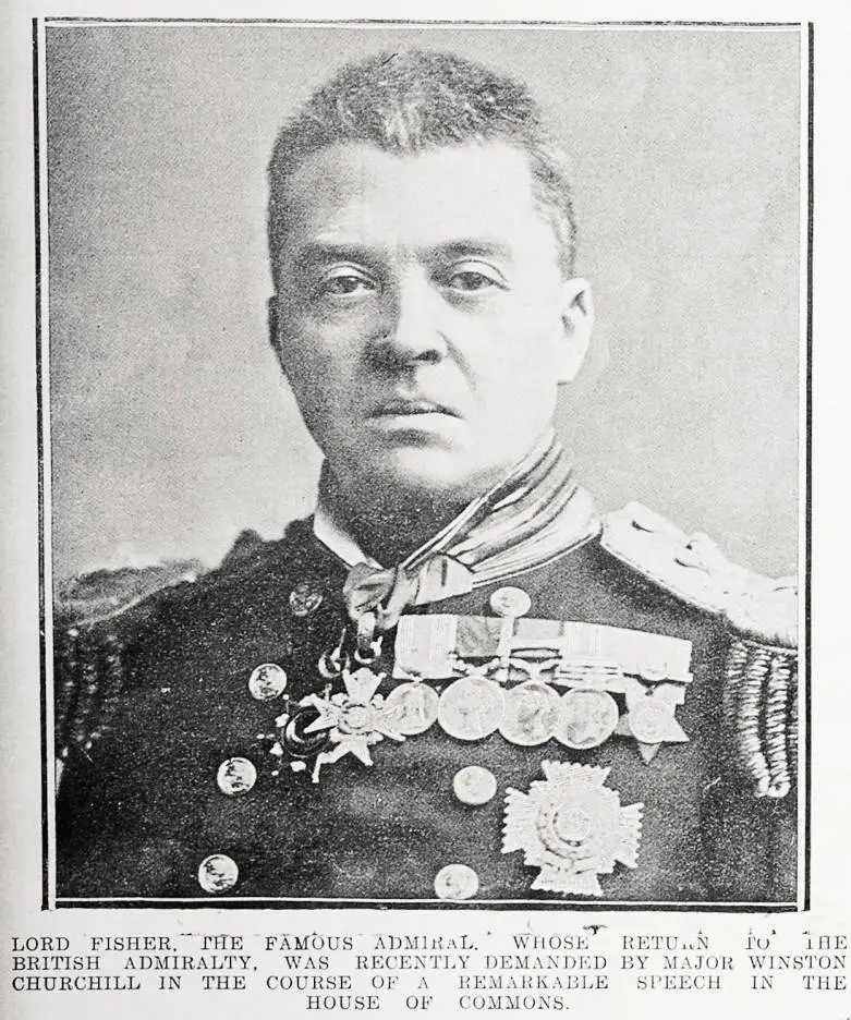 Lord Fisher, the famous admiral, whose return to the British Admiralty, was recently demanded by Major Winston Churchill in the course of a remarkable speech in the House of Commons