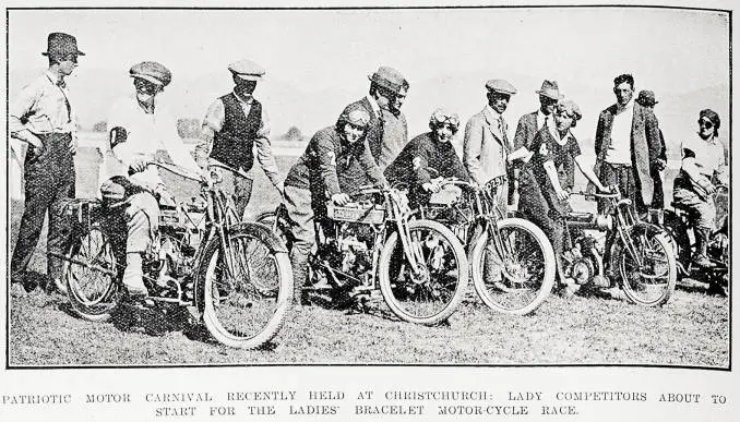 Patriotic motor carnival recently held at Christchurch: lady competitors about to start for the ladies' bracelet motor-cycle race