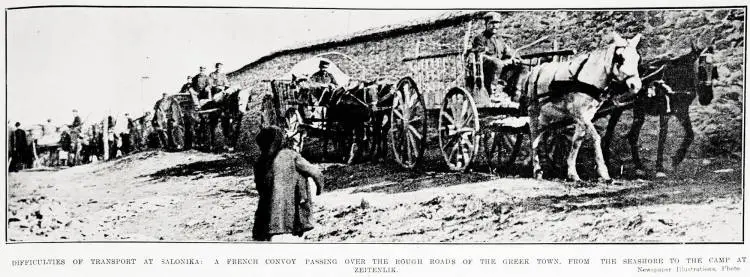 Difficulties of transport at Salonika: a French convoy passing over the rough roads of the Greek town, from the seashore to the camp at Zeitenlik
