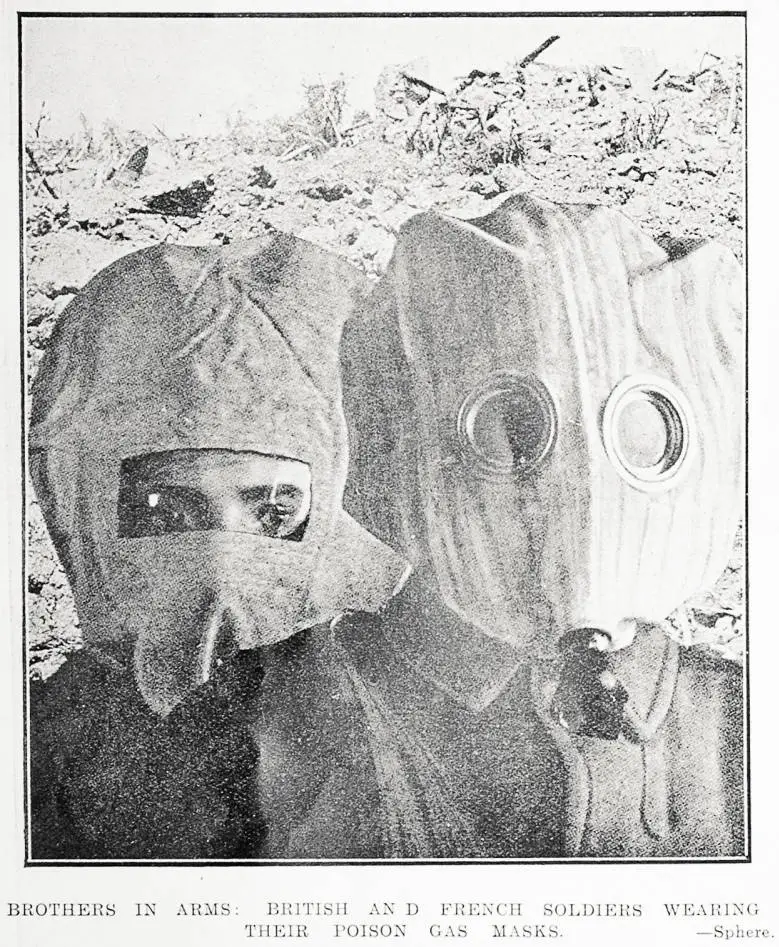 Brothers in arms: British and French soldiers wearing their poison gas masks