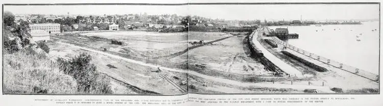 Improvement of Auckland's waterfront: comprehensive view of the reclaimed area across Mechanics' Bay to Campbell's Point