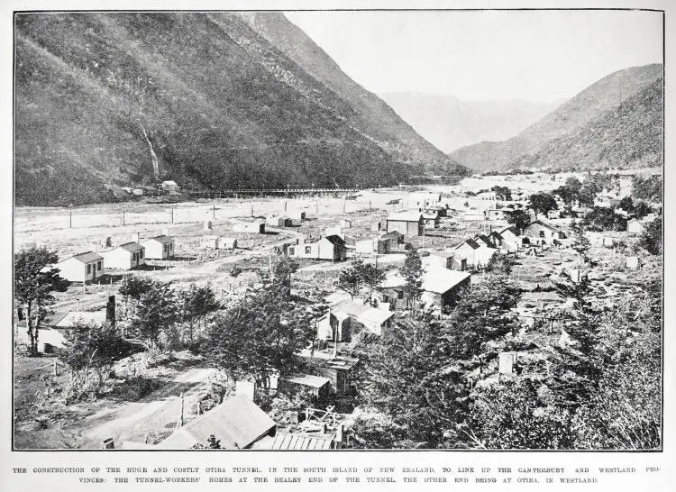 The construction of the huge and costly Otira Tunnel in the South Island of New Zealand to link up the Canterbury and Westland Provinces: the tunnel-workers' homes at the Bealey end of the tunnel, the other end being at Otira in Westland
