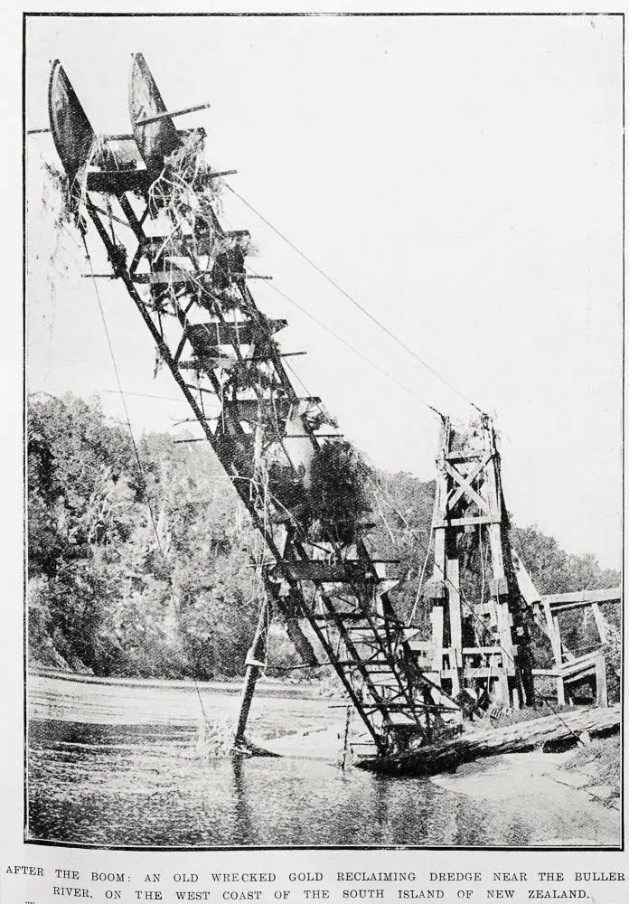 After the boom: an old wrecked gold reclaiming dredge near the Buller River, on the West Coast of the South Island of New Zealand