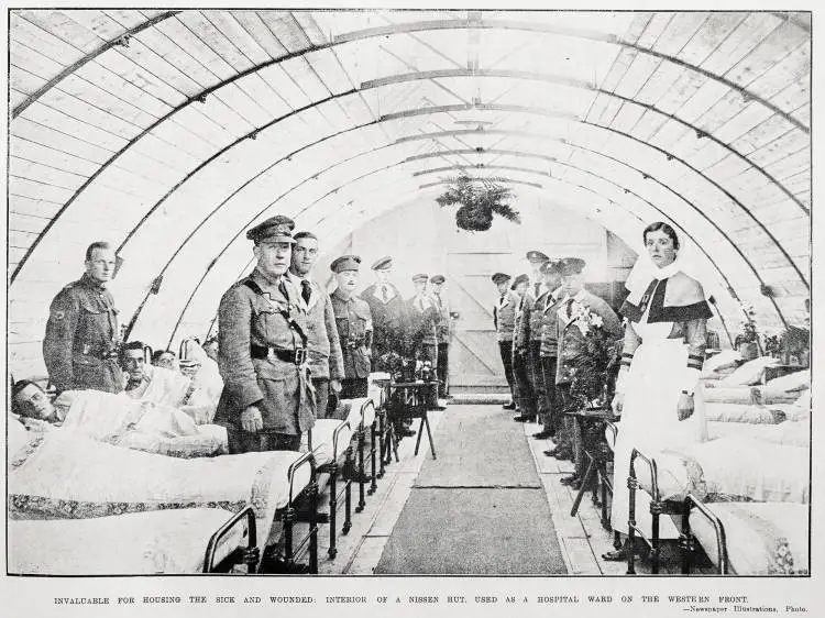 Invaluable for housing the sick and wounded: interior of a Nissen hut, used as a hospital ward on the Western Front
