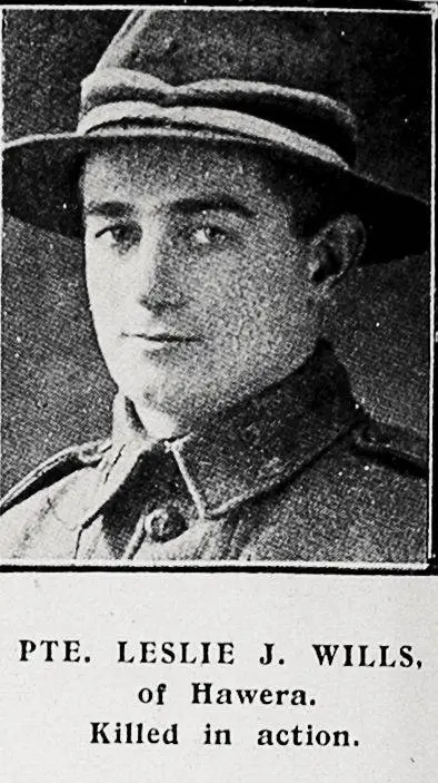 Pte Leslie J Wills of Hawera. Killed in action