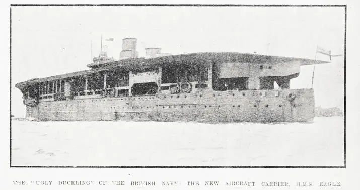 The 'ugly duckling' of the British navy: the new aircraft carrier, H.M.S. Eagle