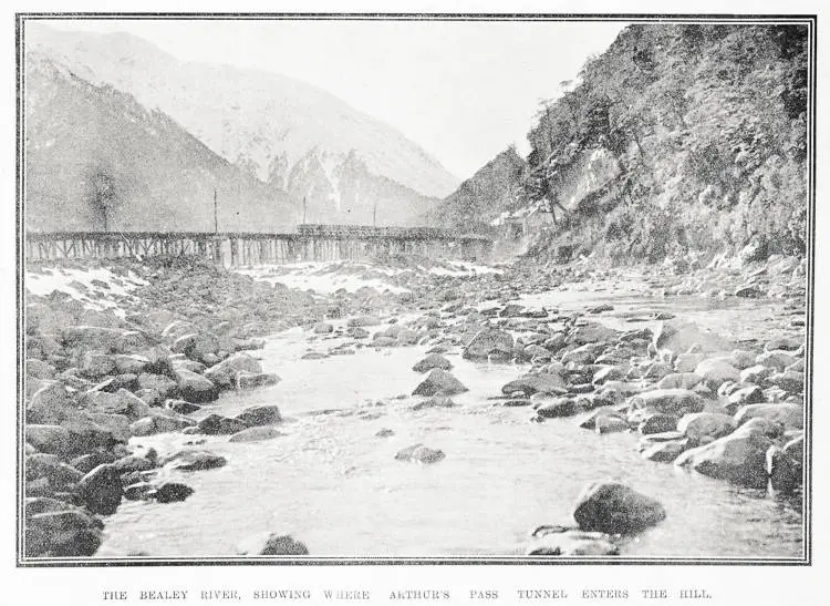 The Bealey River, showing where Arthur's Pass tunnel enters the hill