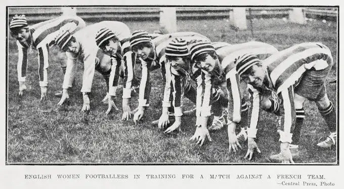 English women footballers in training for a match against a French team