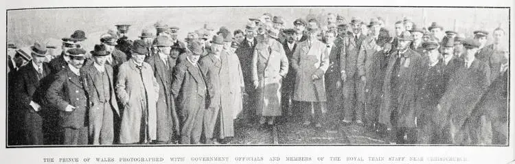 The Prince of Wales photographed with Government officials and members of the Royal Train staff near Christchurch