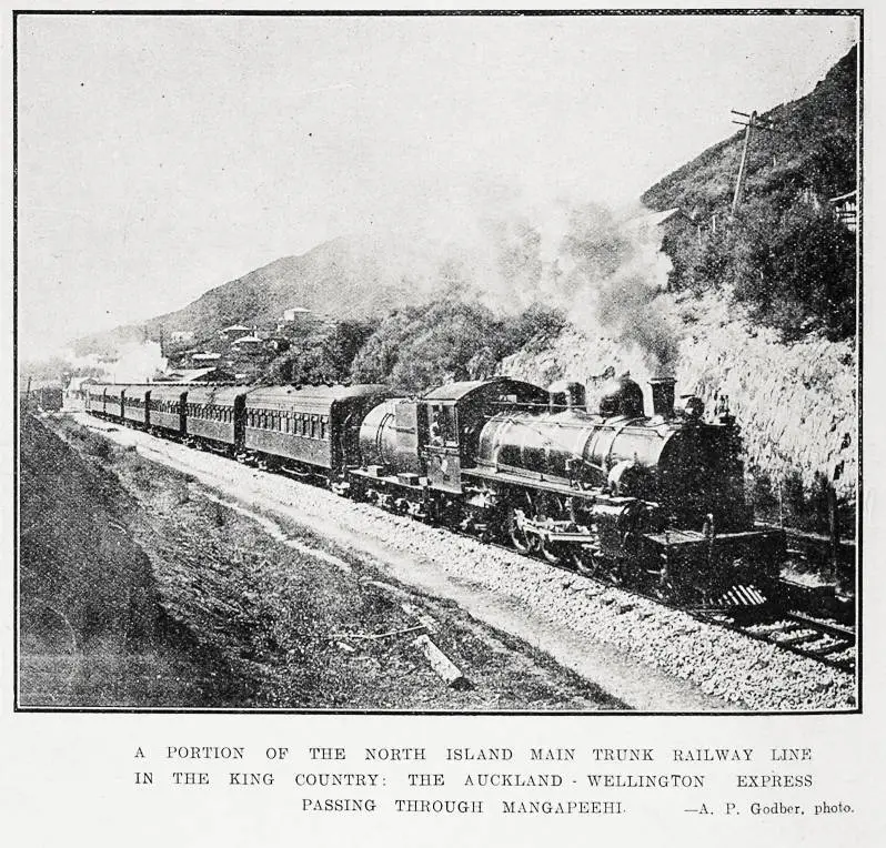 A portion of the North Island main trunk railway line in the King Country: the Auckland - Wellington Express passing through Mangapeehi