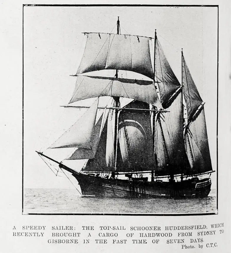 A speedy sailer: the top-sail schooner Huddersfield, which recently brought a cargo of hardwood from Sydney to Gisborne in the fast time of seven days