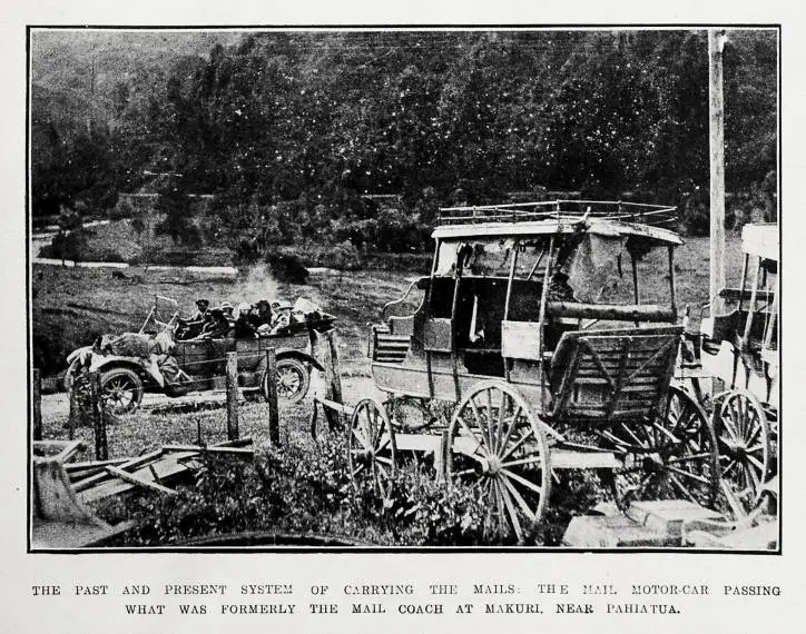 The past and present system of carrying the mails: the mail motor-car passing what was formerly the mail coach at Makuri, near Pahiatua