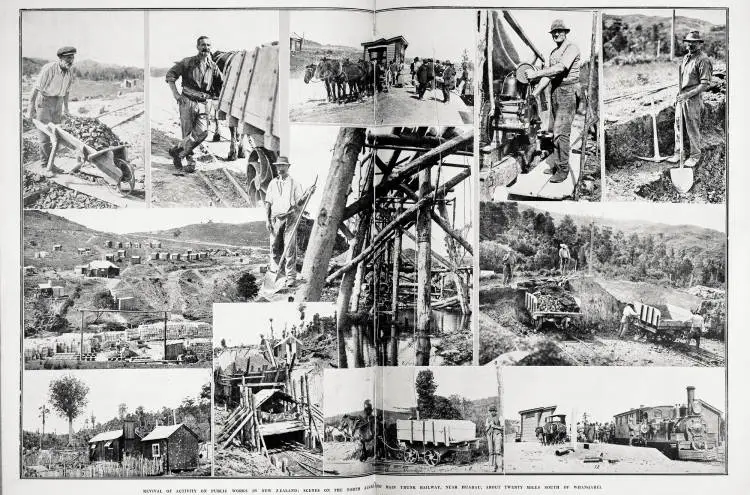 Revival of activity on public works in New Zealand: scenes on the North Auckland main trunk railway, near Huarau, about twenty miles south of Whangarei