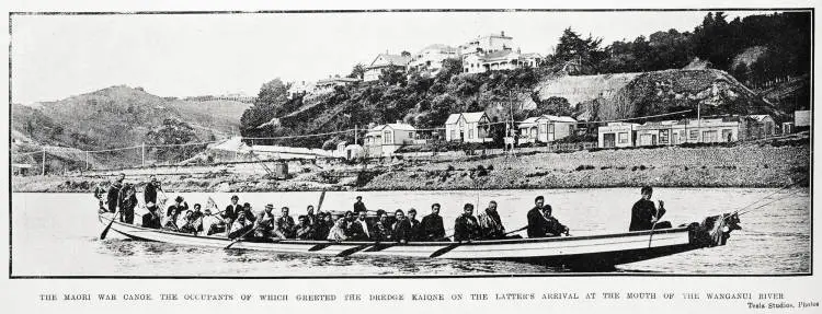 The Maori war canoe, the occupants of which greeted the dredge Kaione on the latter's arrival at the mouth of the Wanganui River
