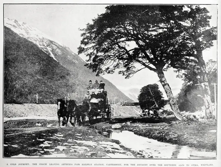 A cold journey: the coach leaving Arthur's Pass railway station, Canterbury, for the Southern Alps to Otira, Westland