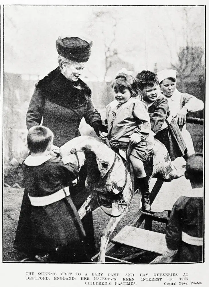 The Queen's visit to a baby camp and day nurseries at Deptford, England: Her Majesty's keen interest in the children's pastimes