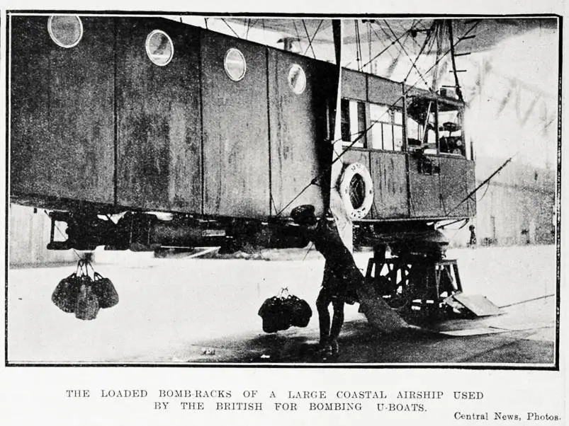 The loaded bomb-racks of a large coastal airship used by the British for bombing U-boats